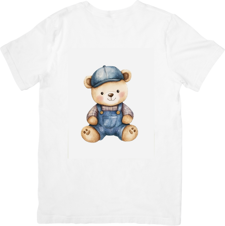 Teddy Bear In Overalls T-Shirt | Cute Watercolor Nursery Graphic Tee | Baby Kids Gift