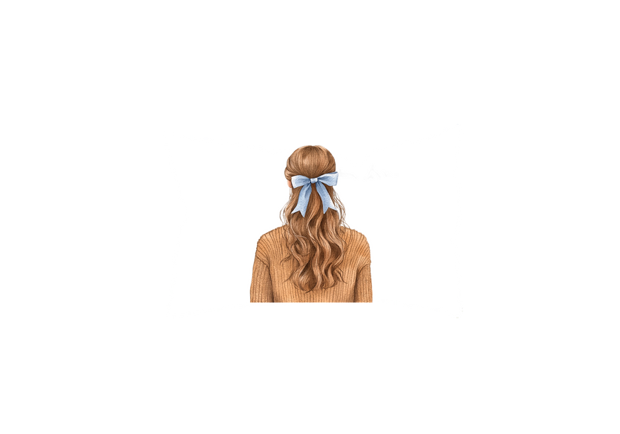 Blue Bow Hair Girl Throw Pillow | Cozy Watercolor Back View Decorative Pillow | Feminine Room Gift