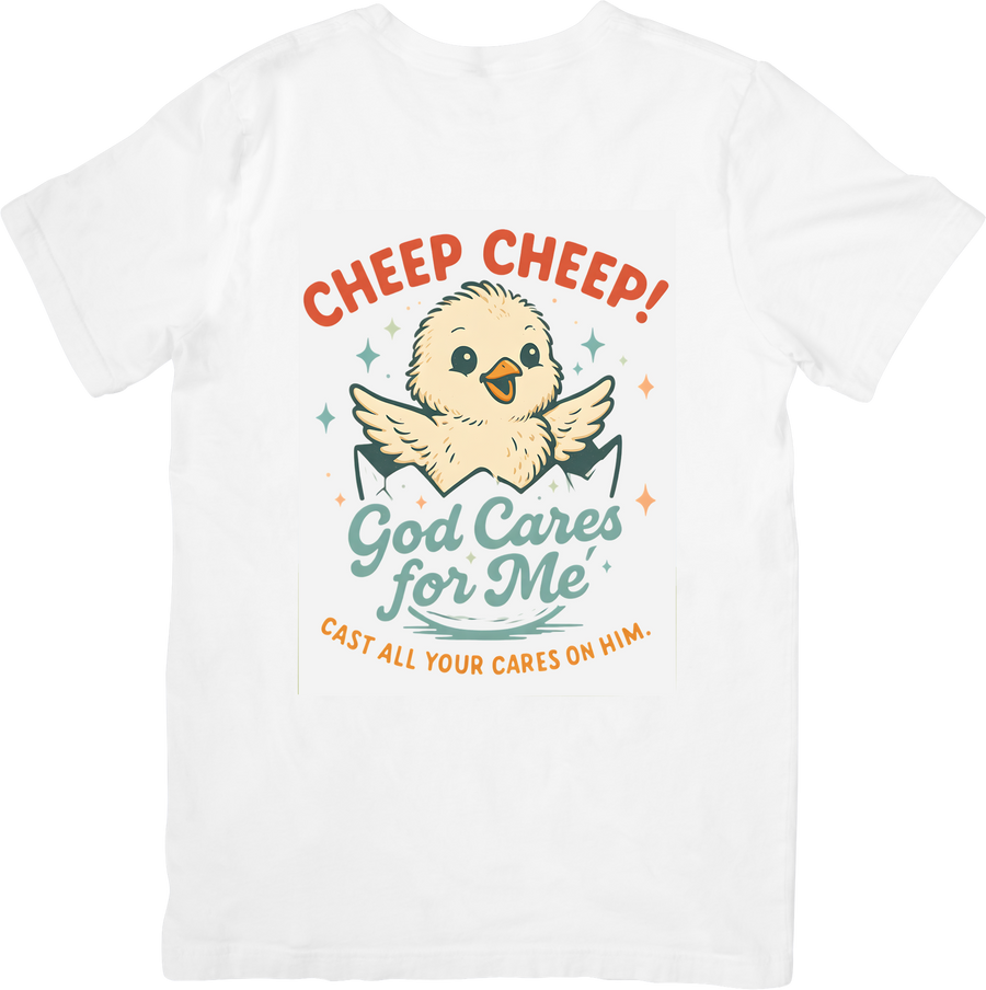 Cheep Cheep God Cares For Me Chick T-Shirt | Cute Christian Easter Graphic Tee | Faith Gift