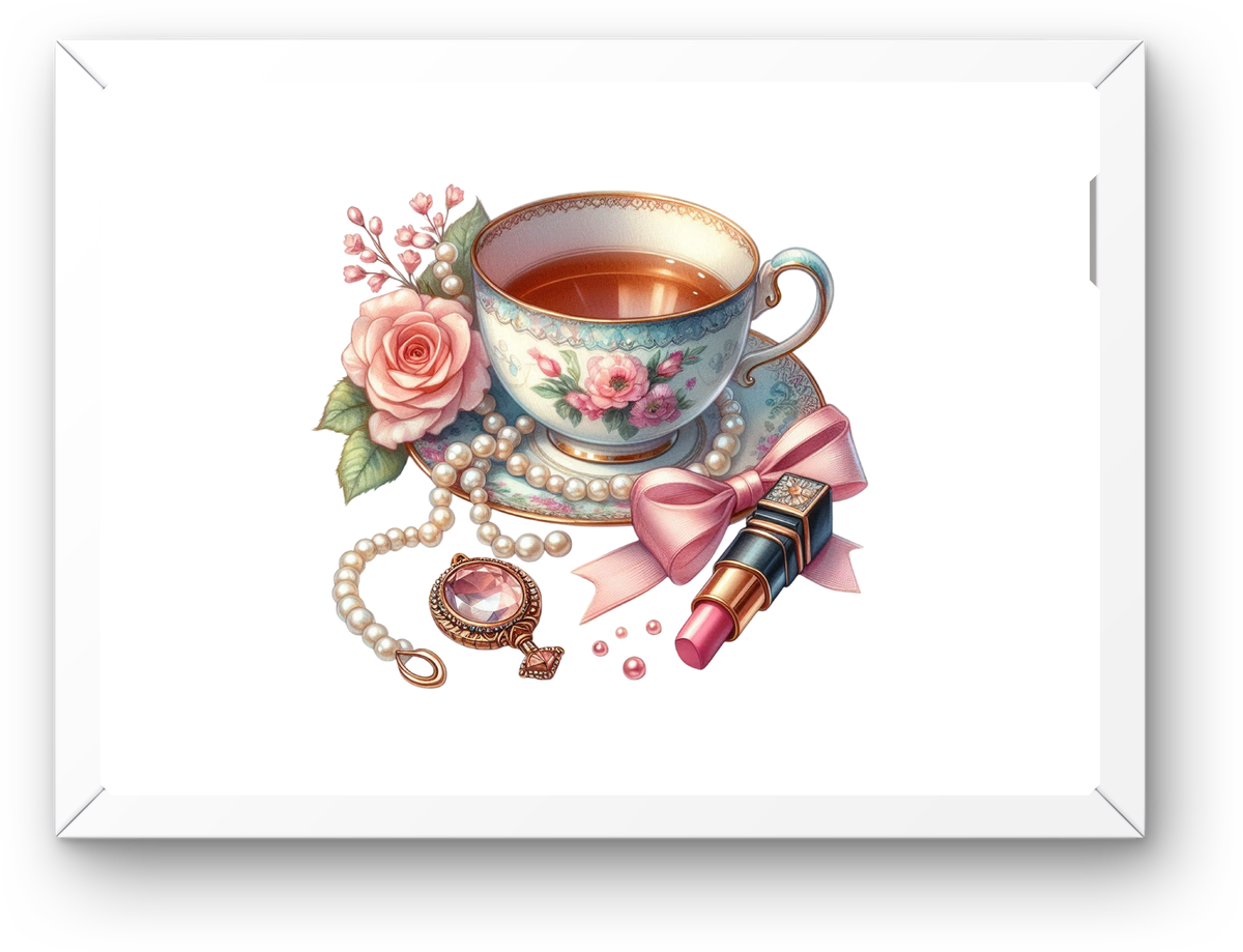 Vintage Teacup & Lipstick Wall Art | Glam Floral Roses Print | Feminine Beauty Gift