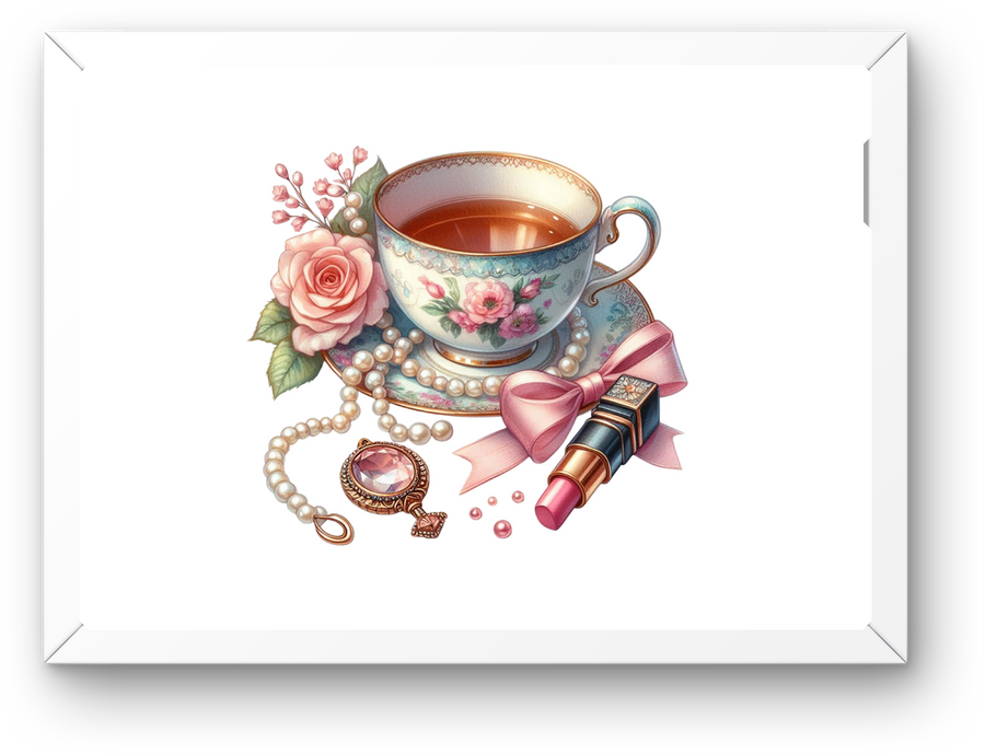 Vintage Teacup & Lipstick Wall Art | Glam Floral Roses Print | Feminine Beauty Gift