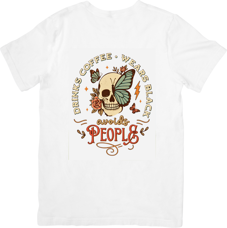 Drinks Coffee Wears Black Avoids People Skull T-Shirt | Funny Vintage Boho Graphic Tee