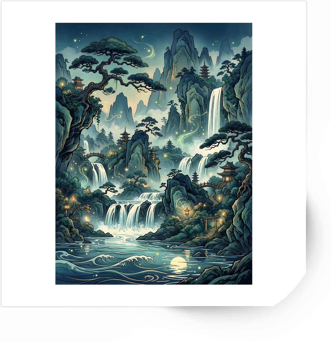 Mystic Waterfall Mountains Sticker | Asian Landscape Vinyl Decal | Nature Zen Gift