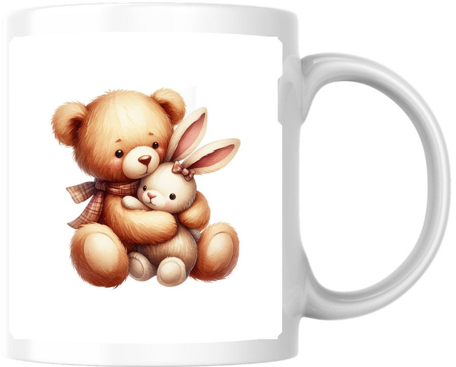 Teddy Bear Hugging Bunny Mug | Cute Watercolor Friends Coffee Mug | Kids Nursery Gift