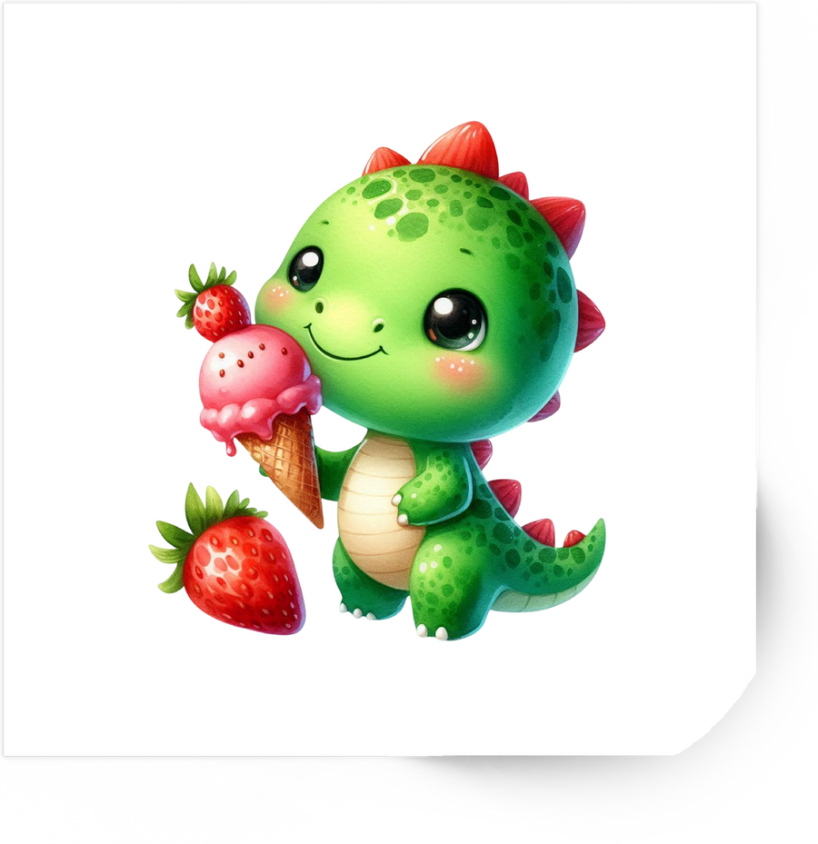 Cute Dino Strawberry Ice Cream Sticker | Kawaii Green Dinosaur Vinyl Decal | Kids Sweet Gift