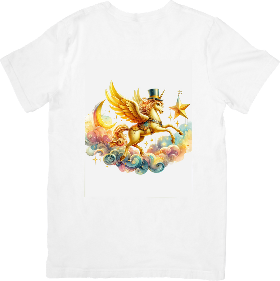 Magical Pegasus Unicorn T-Shirt | Whimsical Golden Flying Horse Graphic Tee | Fantasy Kids Gift
