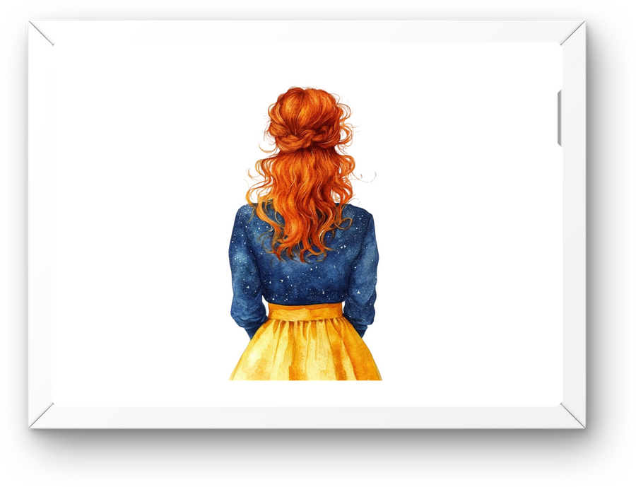 Red-Haired Woman In Yellow Skirt Wall Art | Watercolor Back View Fashion Print | Chic Decor Gift