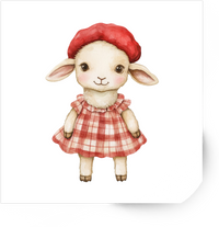 Thumbnail for Watercolor Lamb In Red Beret Sticker | Cute Gingham Dress Spring Vinyl Decal | Nursery Kids Gift