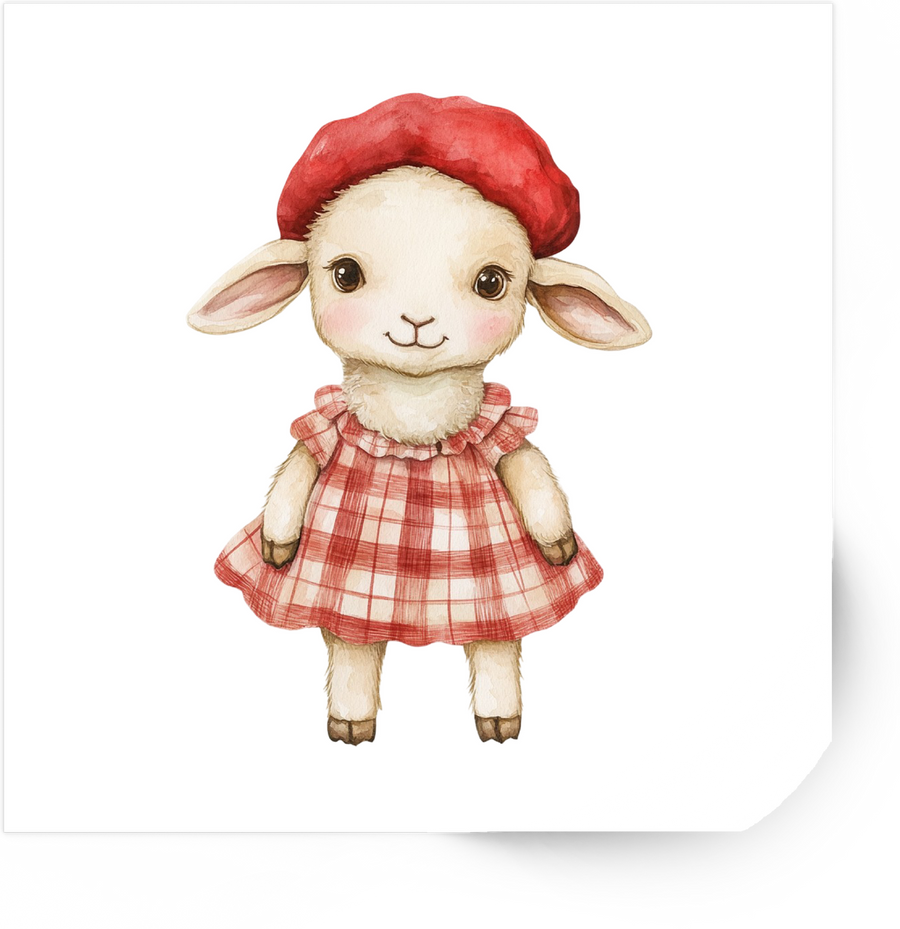 Watercolor Lamb In Red Beret Sticker | Cute Gingham Dress Spring Vinyl Decal | Nursery Kids Gift