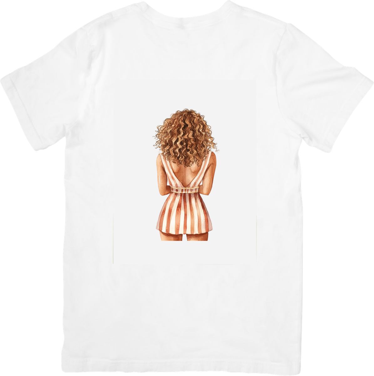 Chic Striped Romper Girl T-Shirt | Watercolor Fashion Back View Graphic Tee | Trendy Women Gift