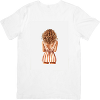 Thumbnail for Chic Striped Romper Girl T-Shirt | Watercolor Fashion Back View Graphic Tee | Trendy Women Gift