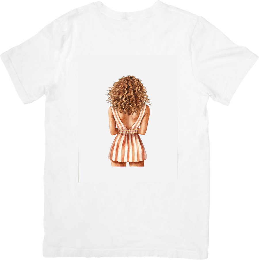 Chic Striped Romper Girl T-Shirt | Watercolor Fashion Back View Graphic Tee | Trendy Women Gift